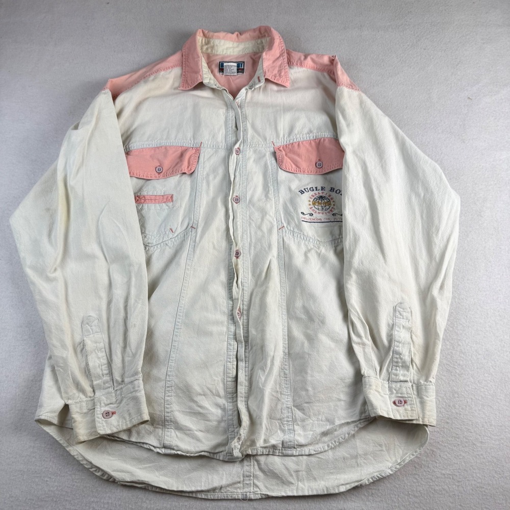 Vintage Bugle Boy Colorblock Button Down Shirt Pink White Embroidered Mens L